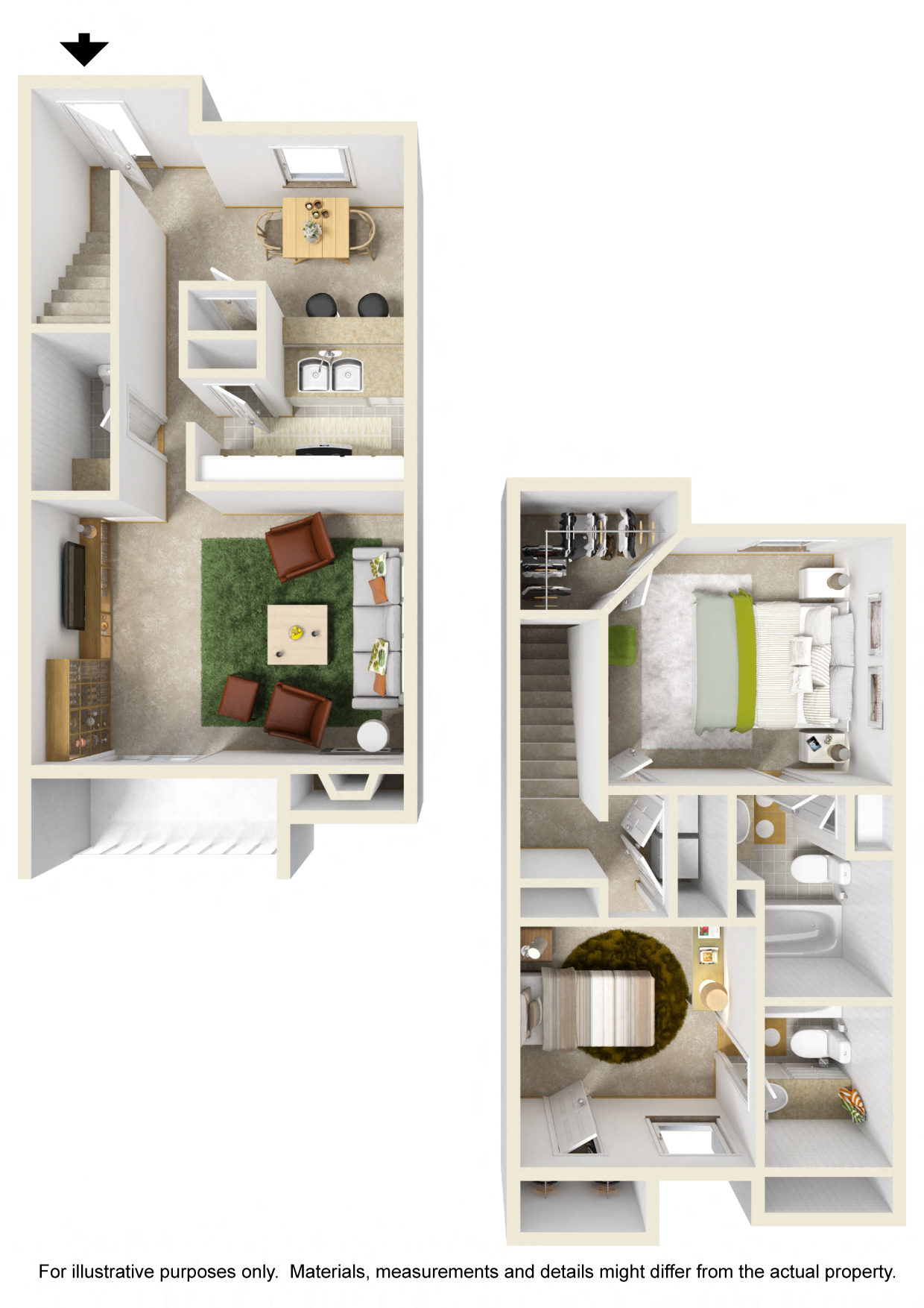 Floor plan for 2 beds, 2.5 baths, 1040 sqft